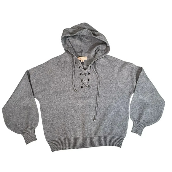 Philosophy Gray Sweater Knit Hoodie Balloon Sleeve Lace Up Neckline Size Small - Picture 6 of 12